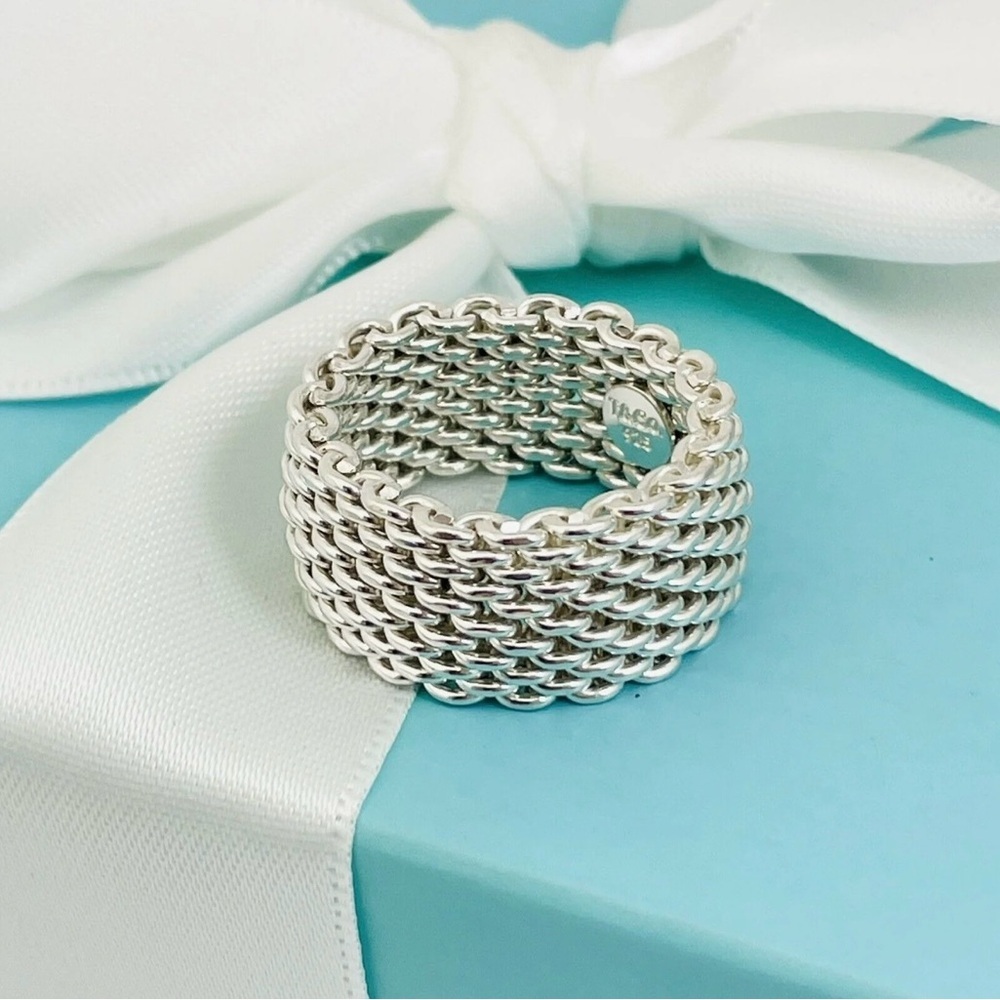 Tiffany & Co. Somerset Mesh Ring Flexible – 925 10mm wide Size 5 Retired Edition